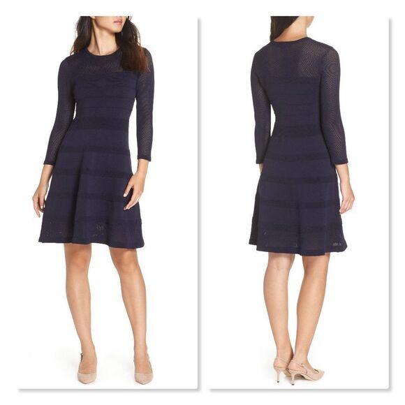 Vince Camuto Mix Stitch Pointelle Fit & Flare Dress size Medium in Navy - Picture 1 of 13